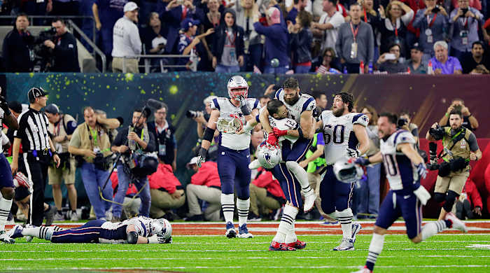 The Patriots scored a walkoff touchdown to win the first overtime game in Super Bowl history.